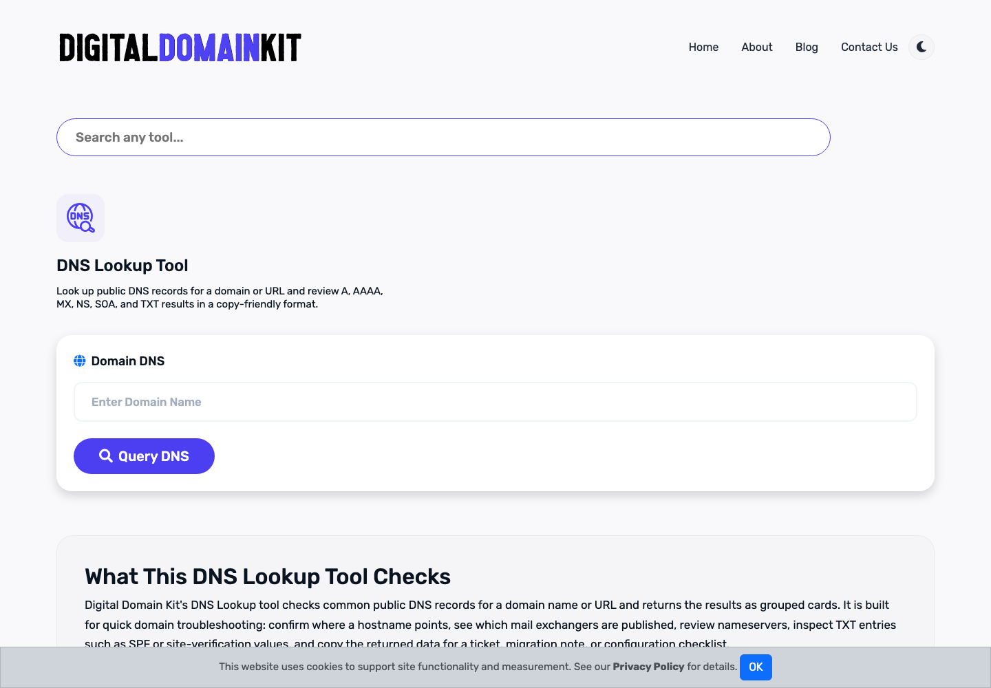 Digital Domain Kit DNS Lookup Tool interface for entering a domain and selecting a DNS record type