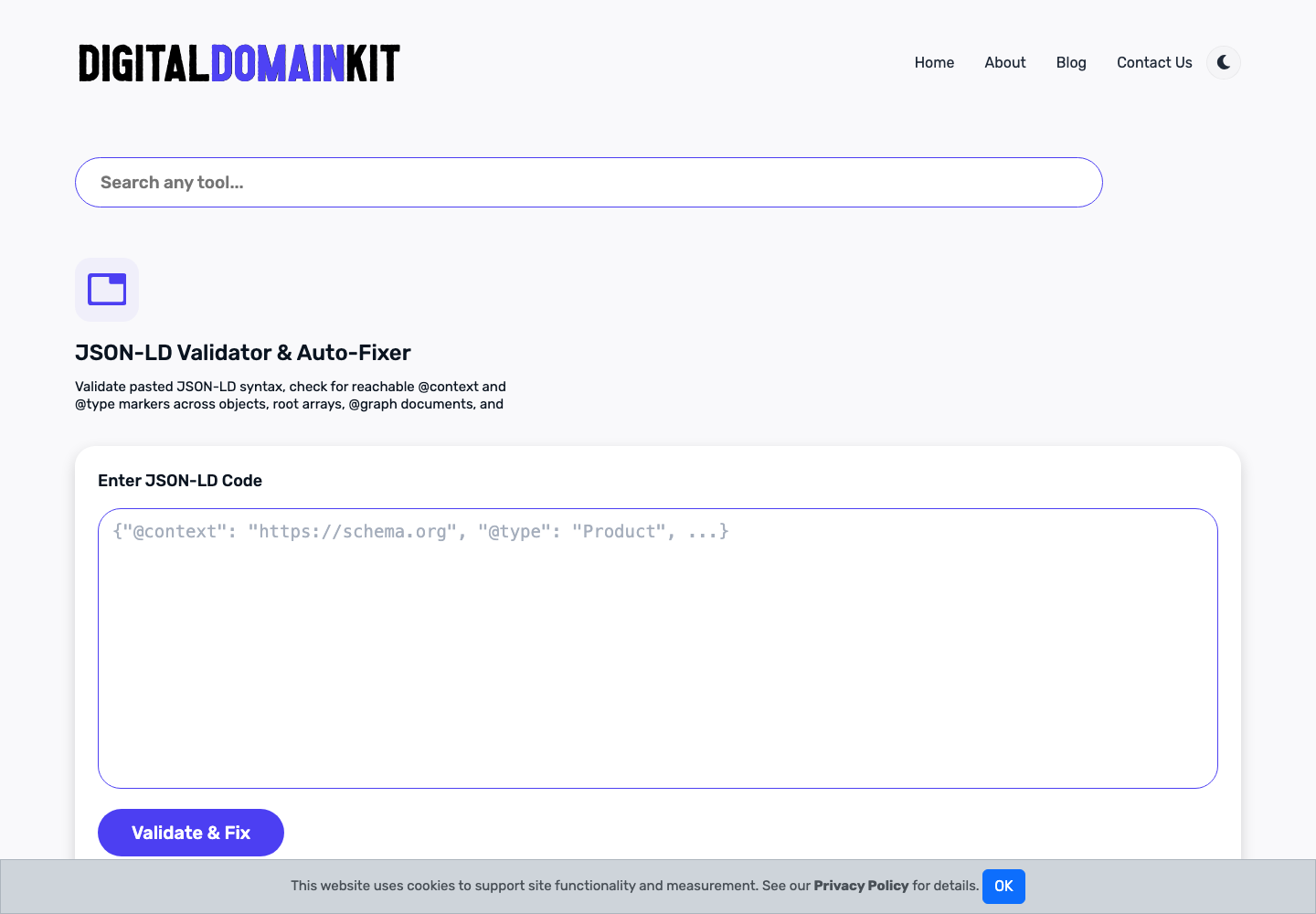 Digital Domain Kit JSON-LD Validator interface with a JSON-LD code field and Validate and Fix button