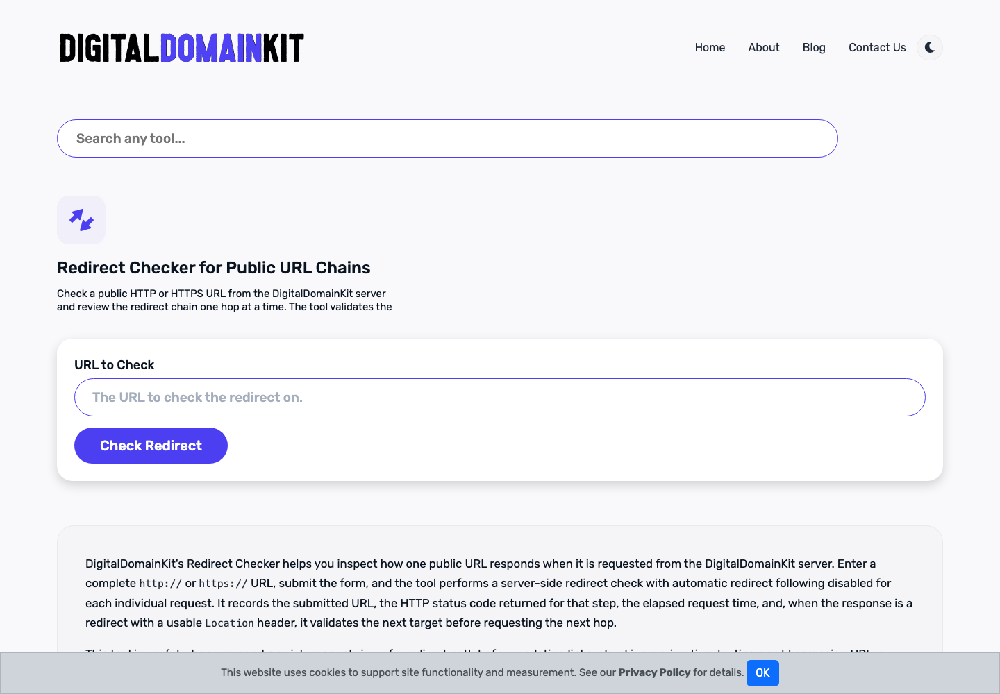 Digital Domain Kit Redirect Checker showing a public URL input field and Check Redirect action
