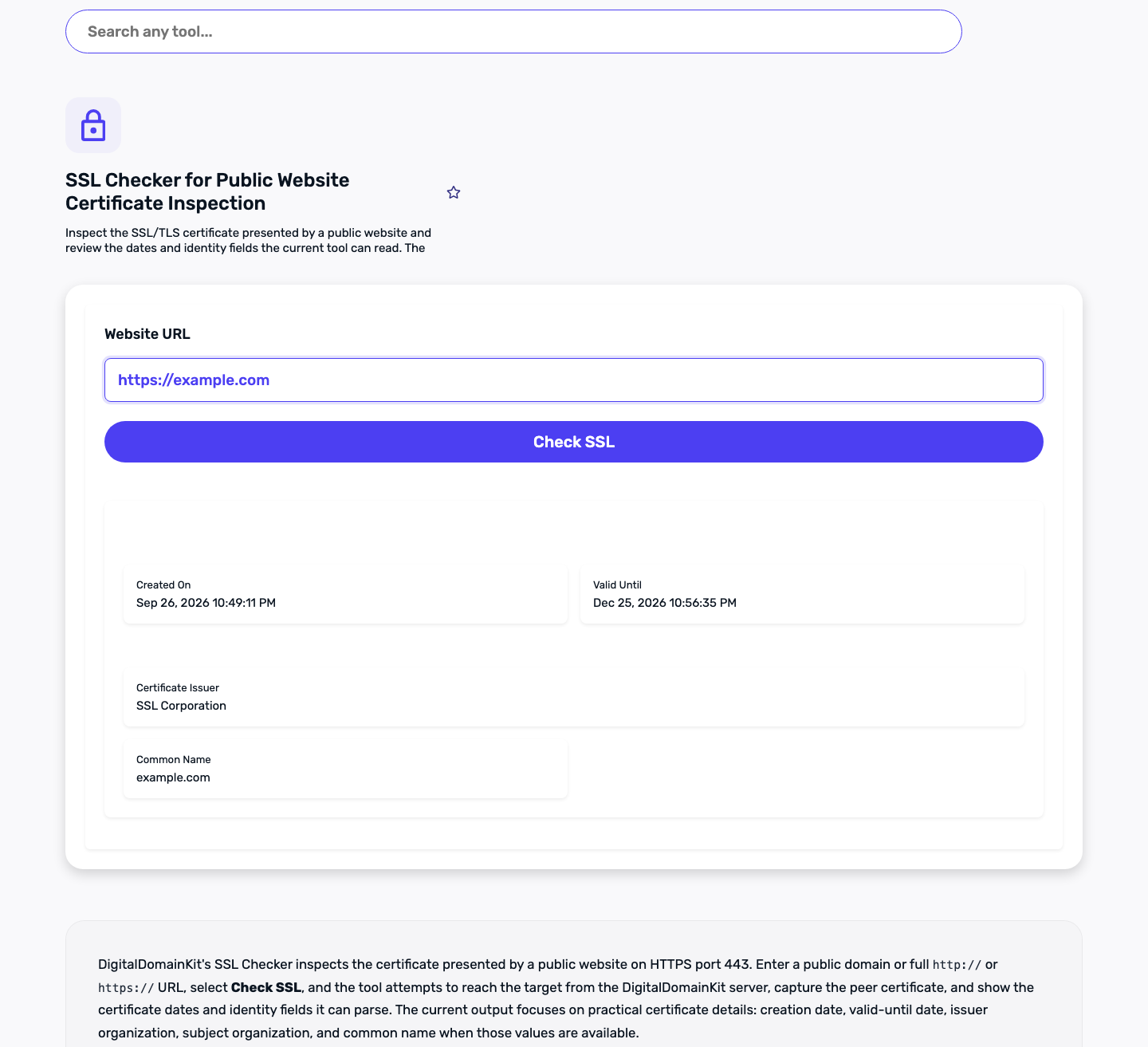 Completed Digital Domain Kit SSL Checker result for the public example.com domain